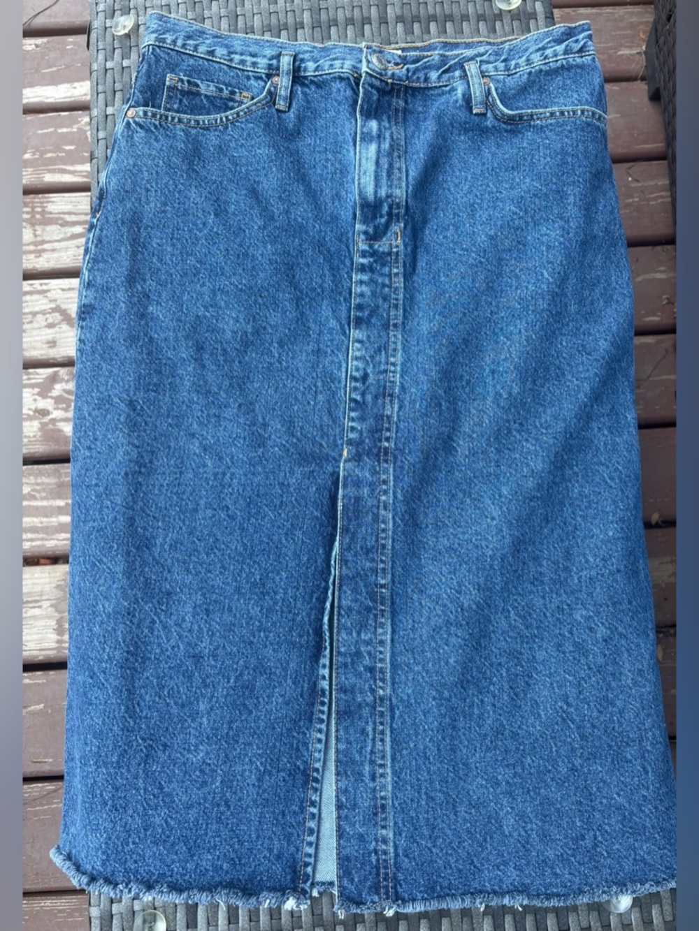 MNG Mango XL Classic Blue Distressed Denim Midi Skirt Front Slit